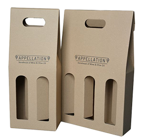 Alt text: Dwie brązowe tekturowe torby na wino z wycięciami na butelki, z logo "Appellation" na przedniej stronie.