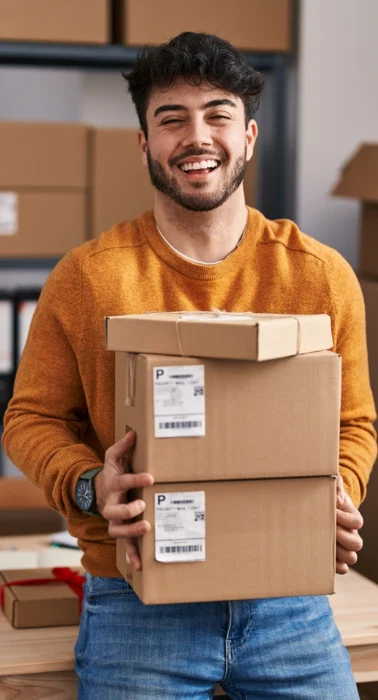 Mężczyzna w pomarańczowym swetrze uśmiecha się, trzymając dwie kartonowe paczki w dłoniach, na tle półek z innymi paczkami.